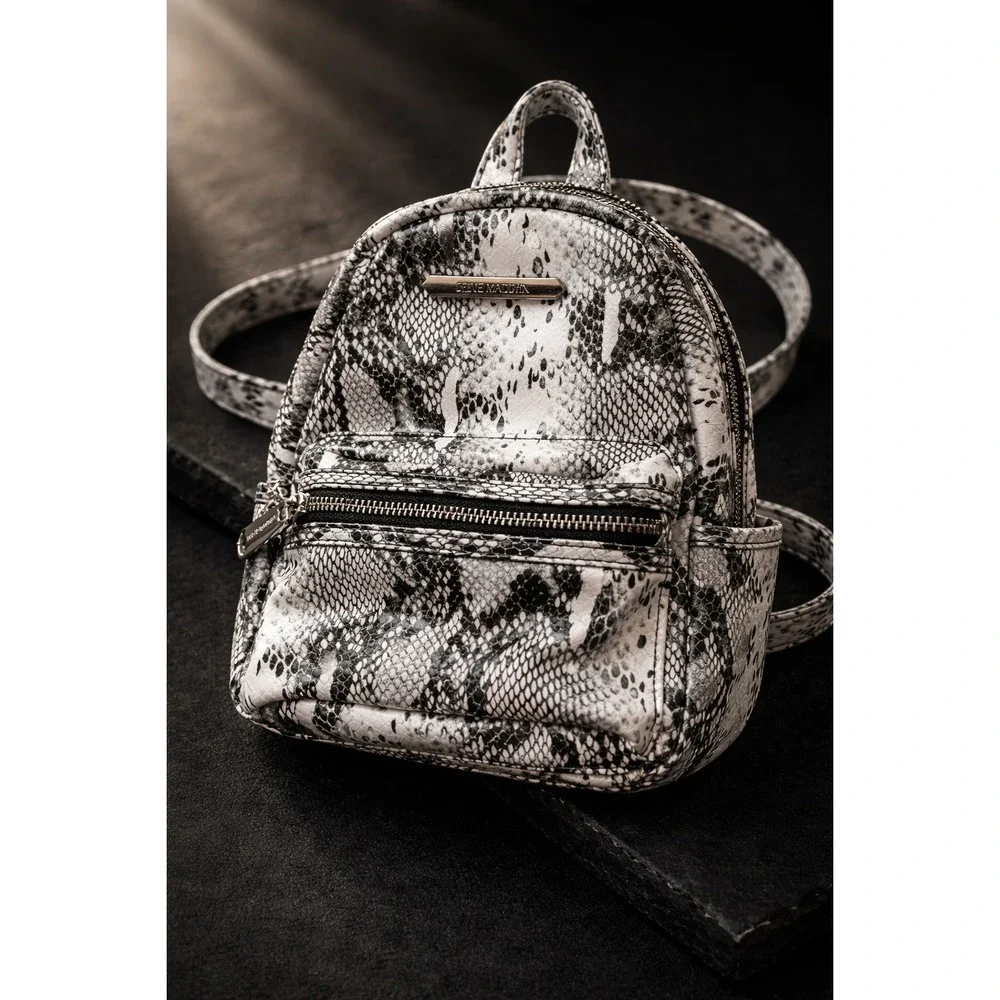 Steve Madden Mini Backpack Snakeskin Print Faux Leather Black White Animal Print